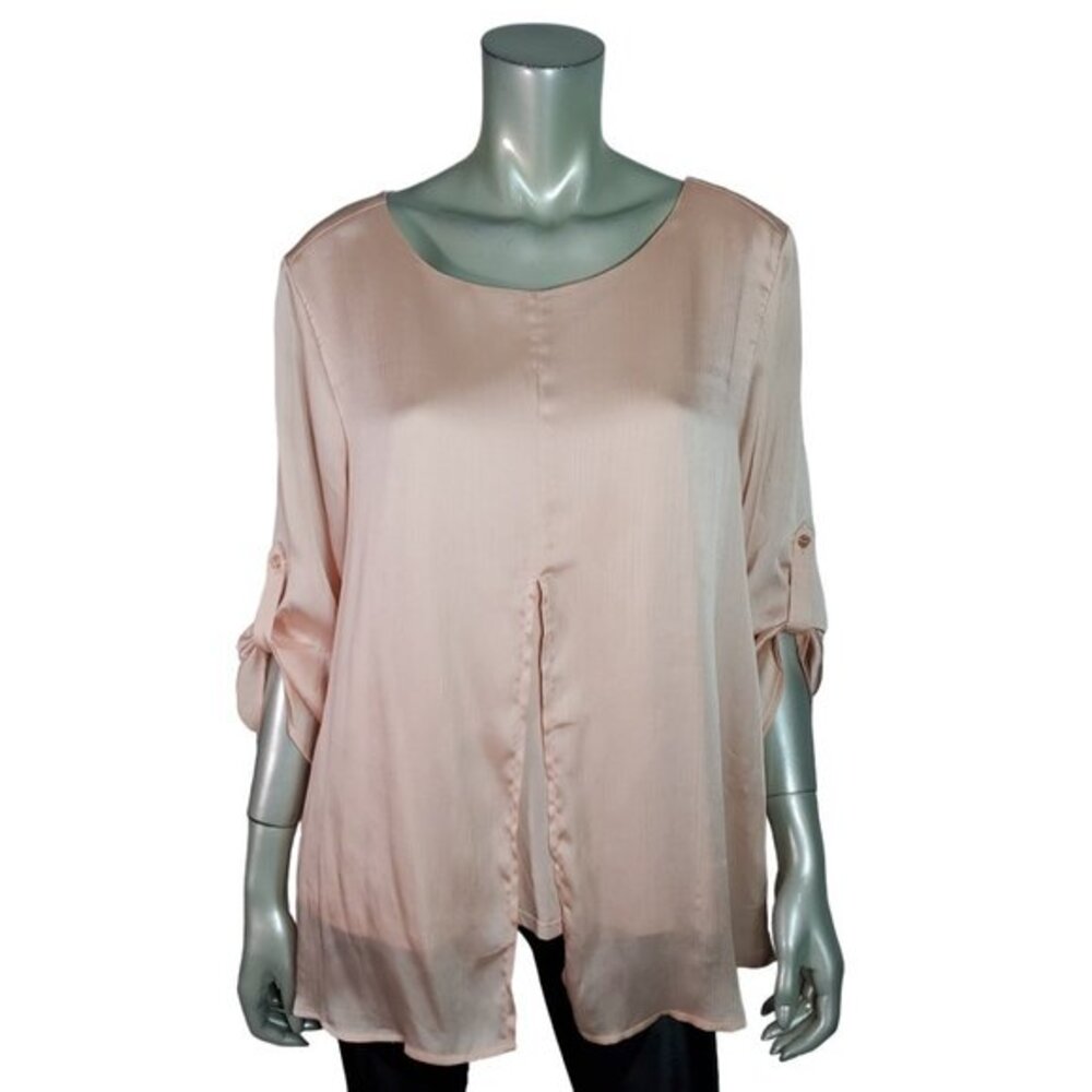 Chico's Top Sz Large Layered Tab Sleeve Stretch Crew Neck Casual Pullover Pink
